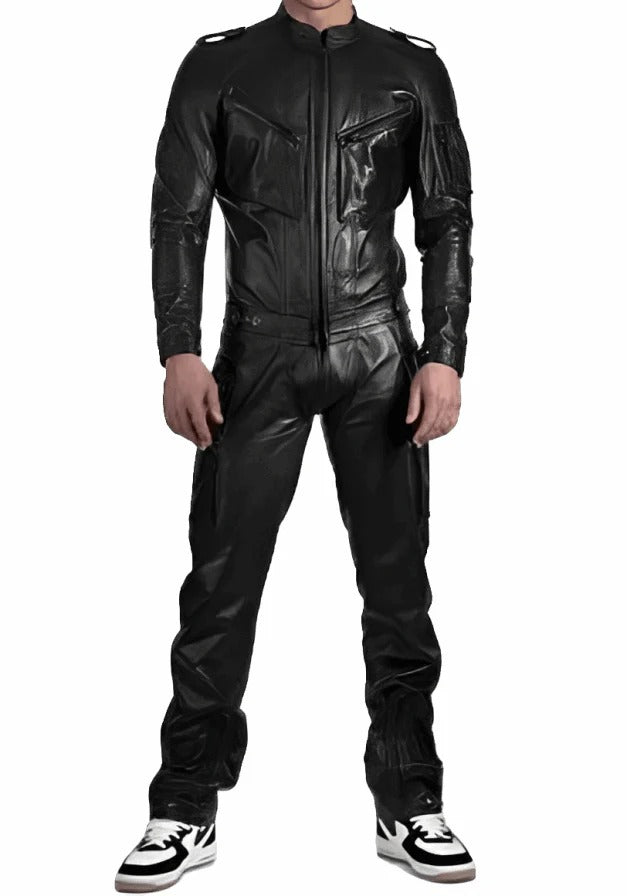 Men's Black Leather Jumpsuit with Straps - AMSEL LEATHERS