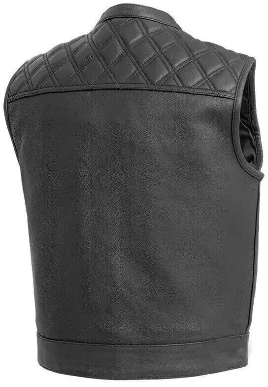 Men's Black Leather Motorcycle Vest with Diamond Stitch - AMSEL LEATHERS