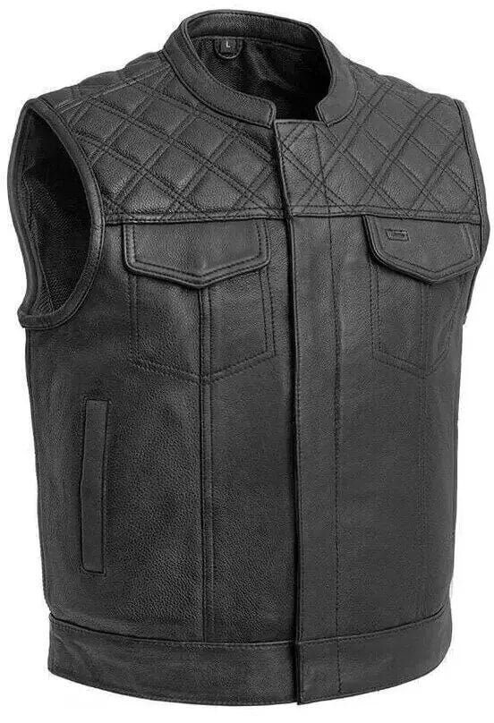 Men's Black Leather Motorcycle Vest with Diamond Stitch - AMSEL LEATHERS