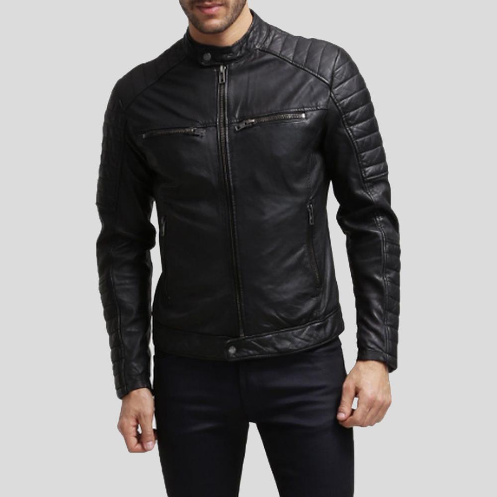 • black slim fit leather racer jacket mens front view
