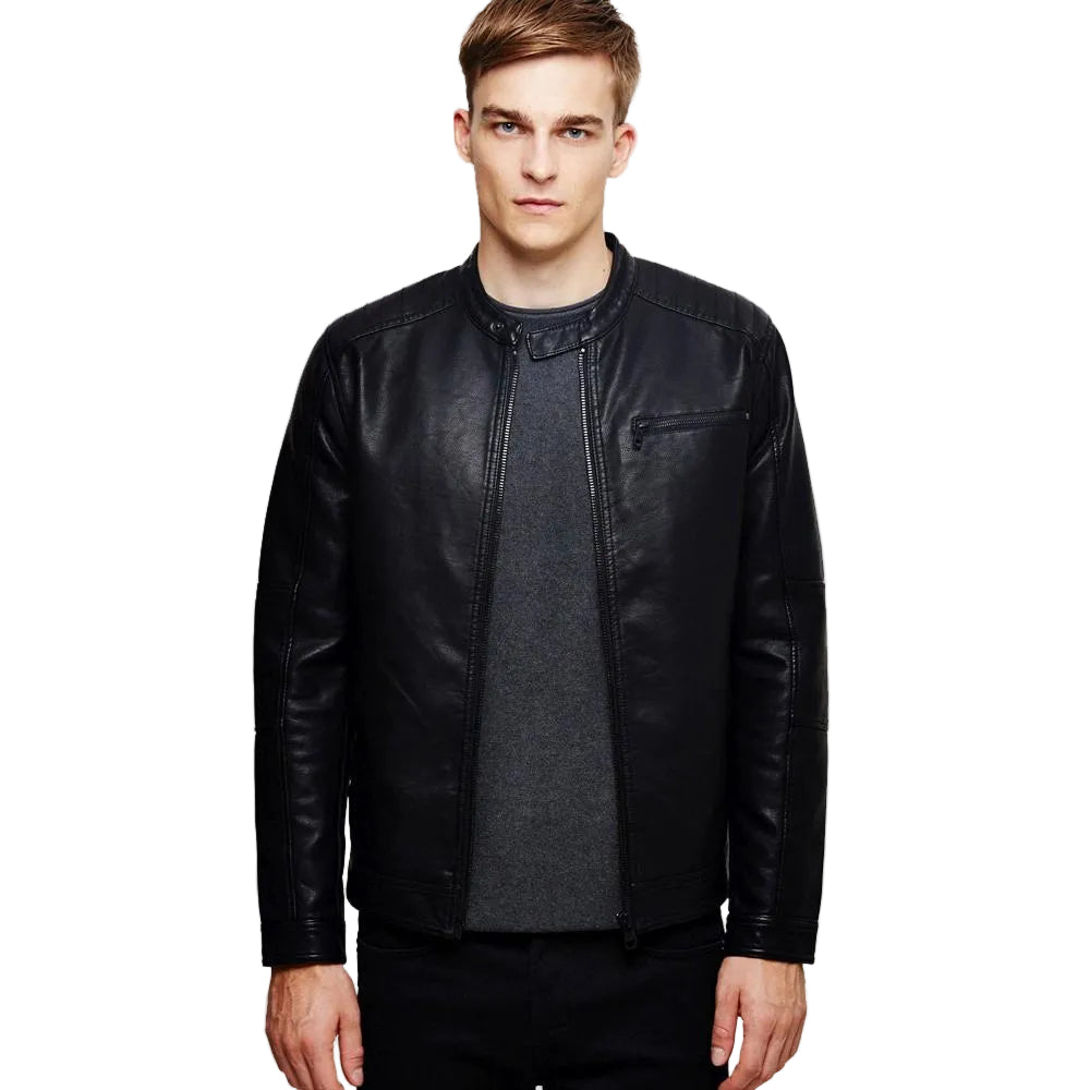 men's black quilted lambskin leather racer jacket evren front view