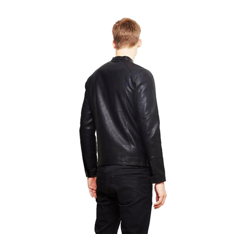 men's black quilted lambskin leather racer jacket evren detail close up