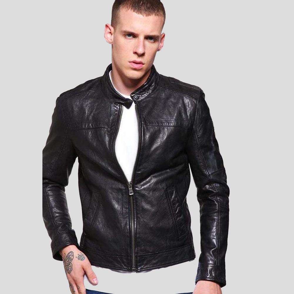 men's black quilted lambskin leather racer jacket atlas front view
