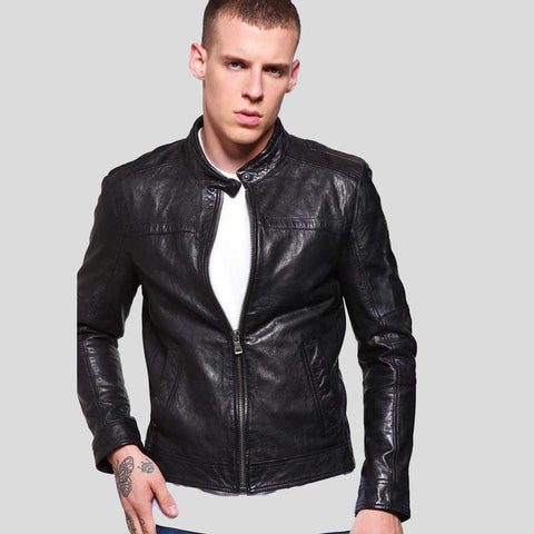 men's black quilted lambskin leather racer jacket atlas front view