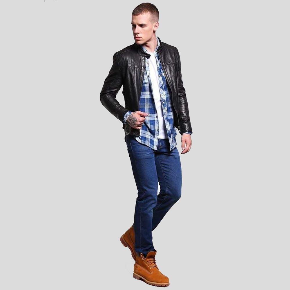 men's black quilted lambskin leather racer jacket atlas texture detail