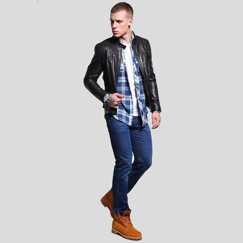 men's black quilted lambskin leather racer jacket atlas texture detail