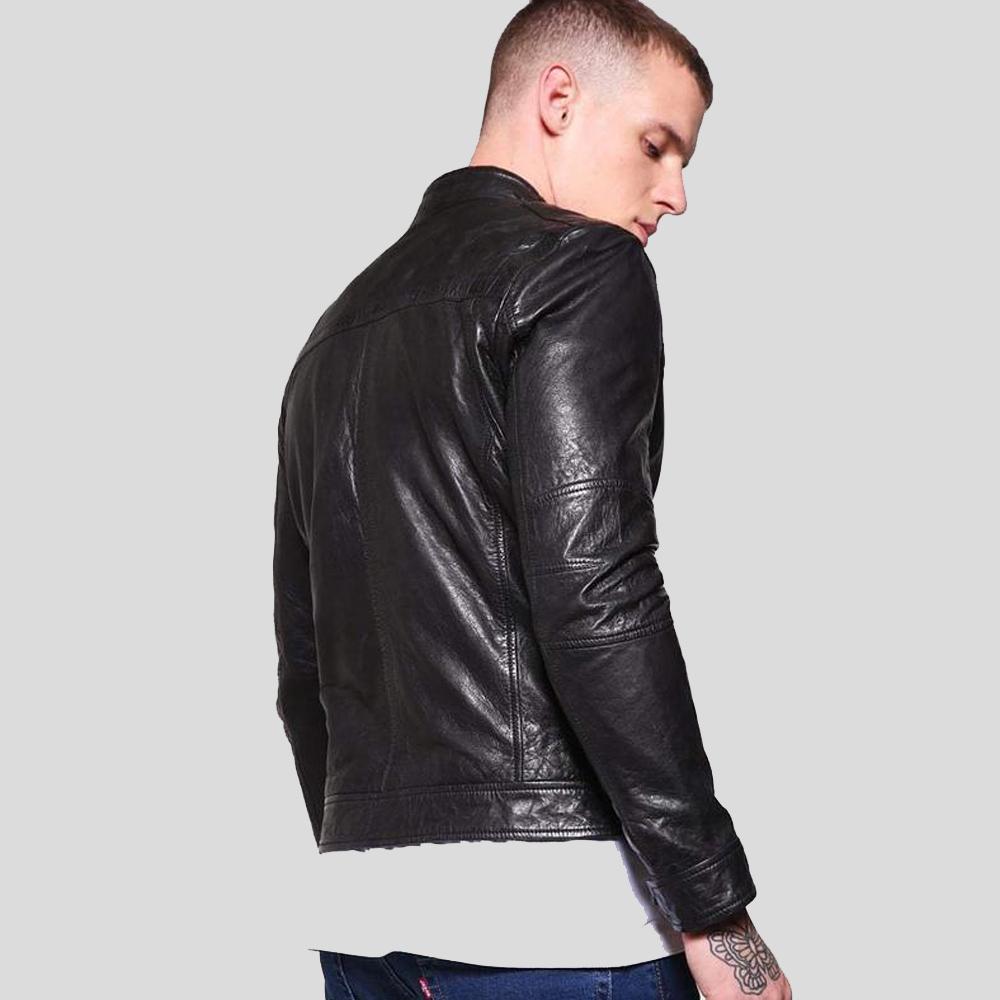 men's black quilted lambskin leather racer jacket atlas detail close up