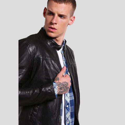 men's black quilted lambskin leather racer jacket atlas side angle