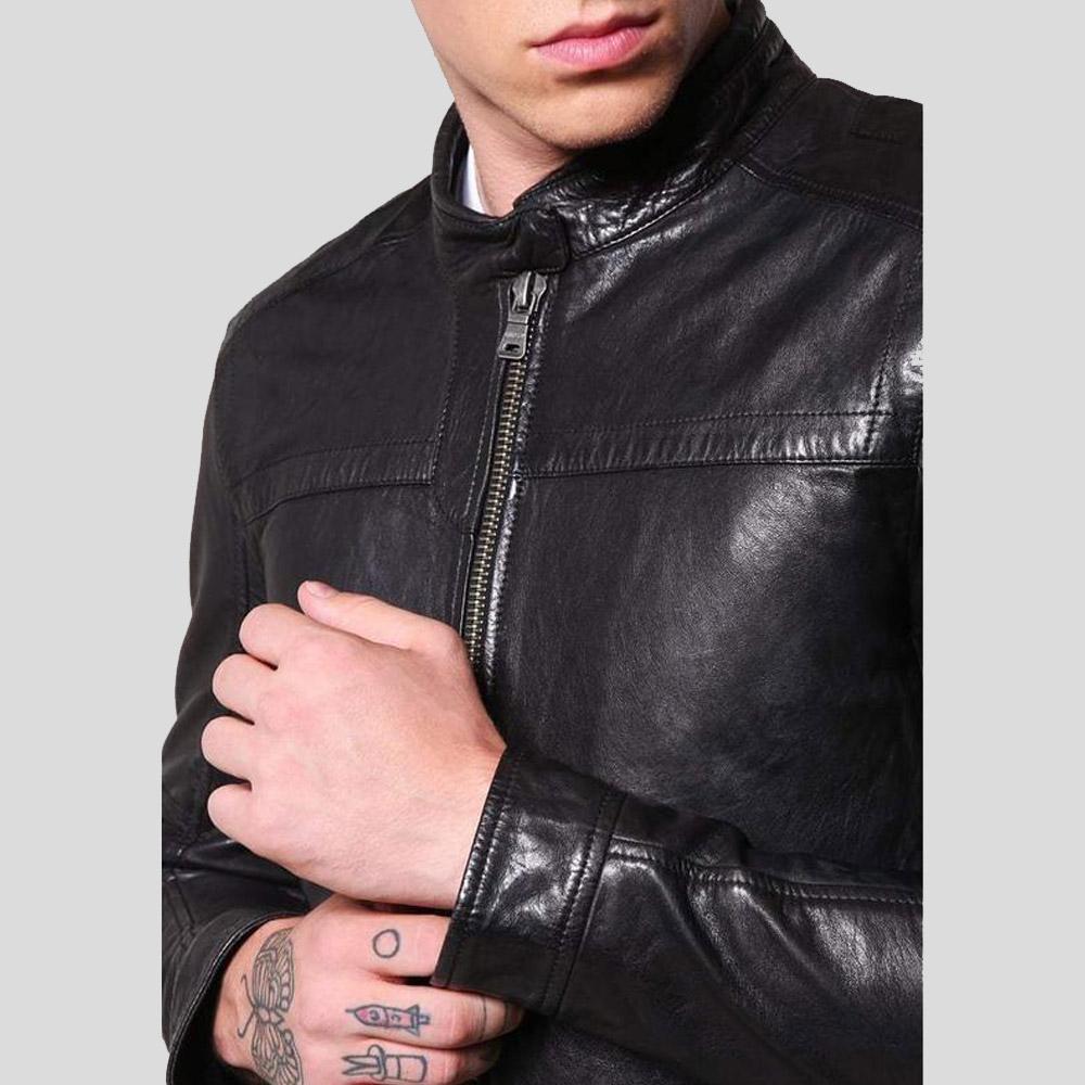 men's black quilted lambskin leather racer jacket atlas back view