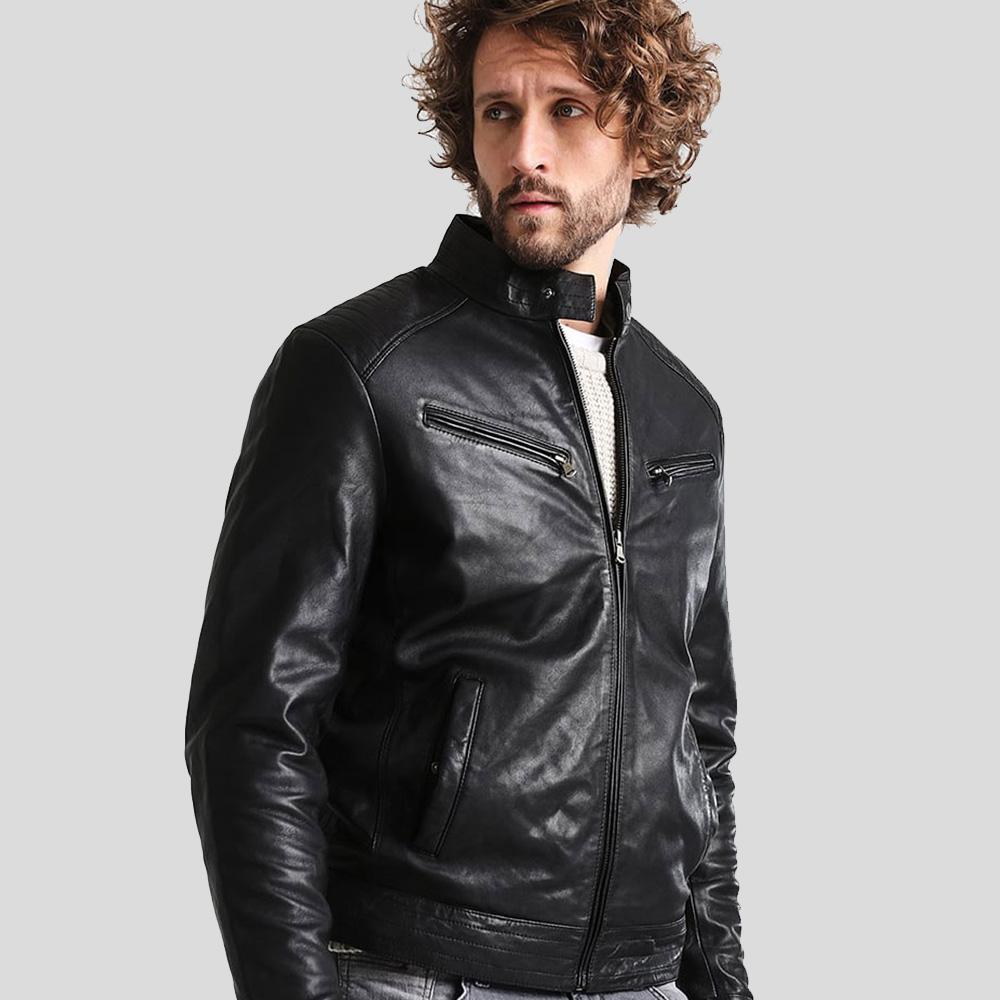 men's black quilted lambskin leather racer jacket damon front view