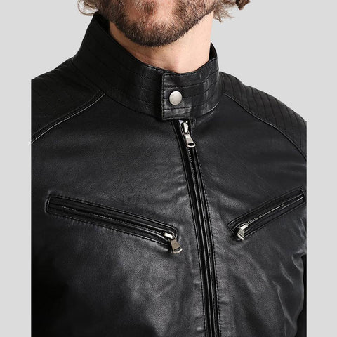 men's black quilted lambskin leather racer jacket damon back view