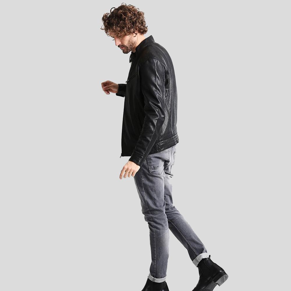 men's black quilted lambskin leather racer jacket damon detail close up