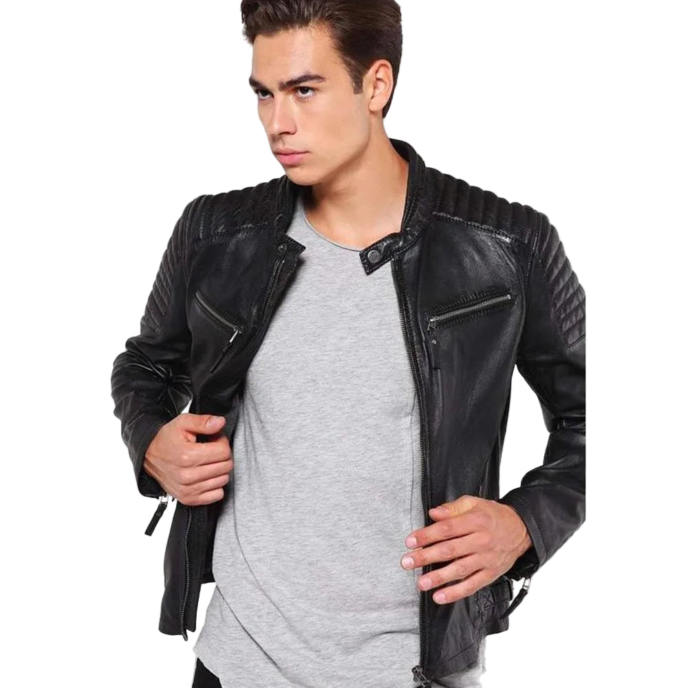 • band collar racer jacket detail close up
