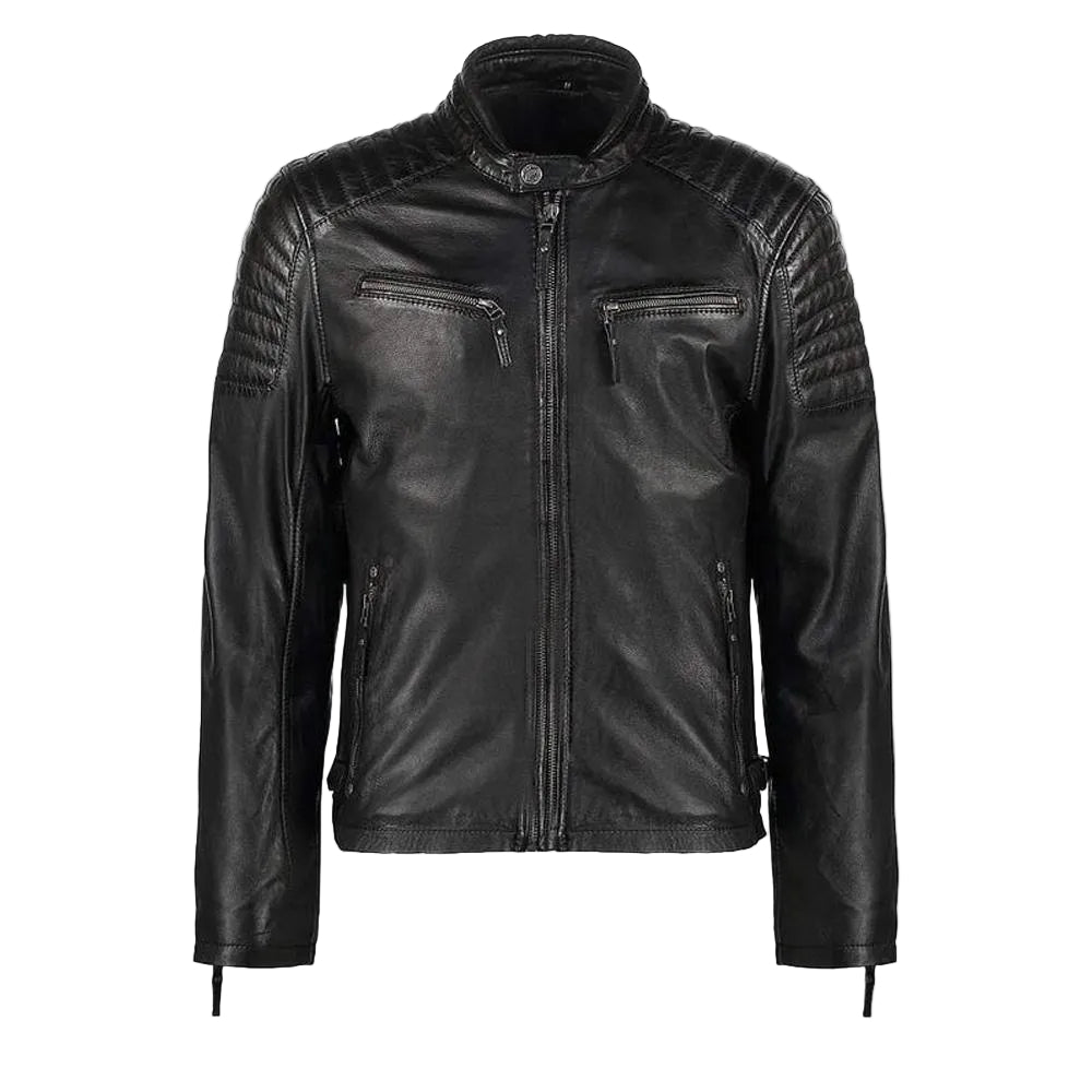 • black leather racer jacket mens front view
