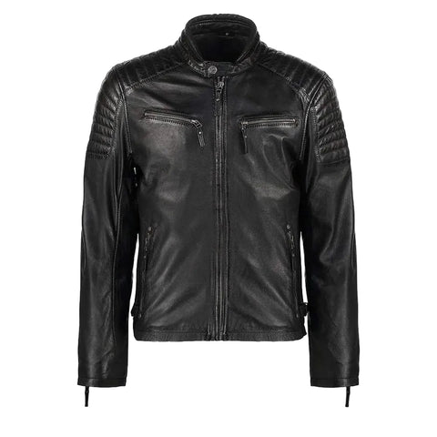 • black leather racer jacket mens front view
