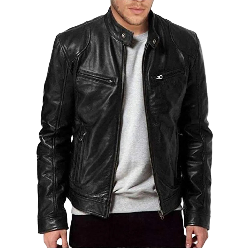 • black leather racer jacket mens front view

