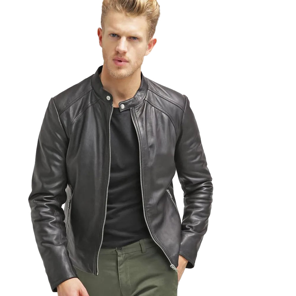 men's black quilted lambskin leather racer jacket carden front view