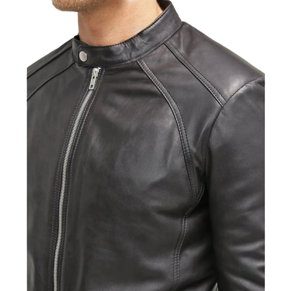 men's black quilted lambskin leather racer jacket carden detail close up