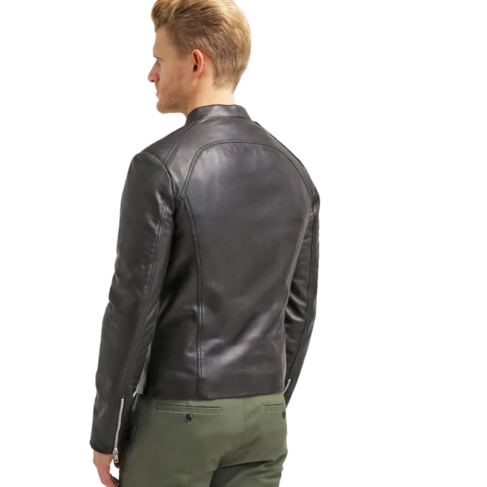 men's black quilted lambskin leather racer jacket carden texture detail
