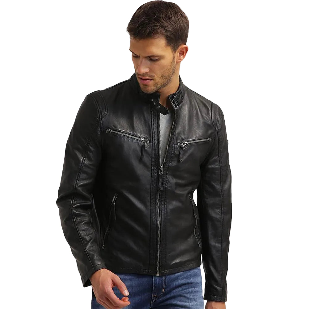 men's black quilted lambskin leather racer jacket nolan front view