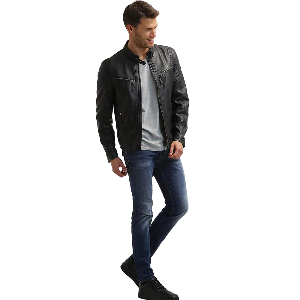 men's black quilted lambskin leather racer jacket nolan side angle