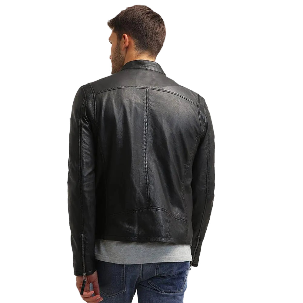 men's black quilted lambskin leather racer jacket nolan detail close up