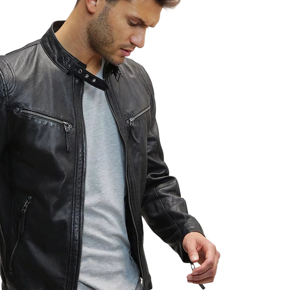 men's black quilted lambskin leather racer jacket nolan texture detail