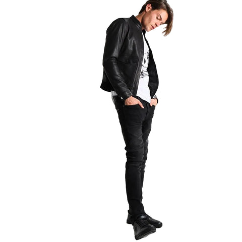 men's black quilted lambskin leather racer jacket lorcan side angle