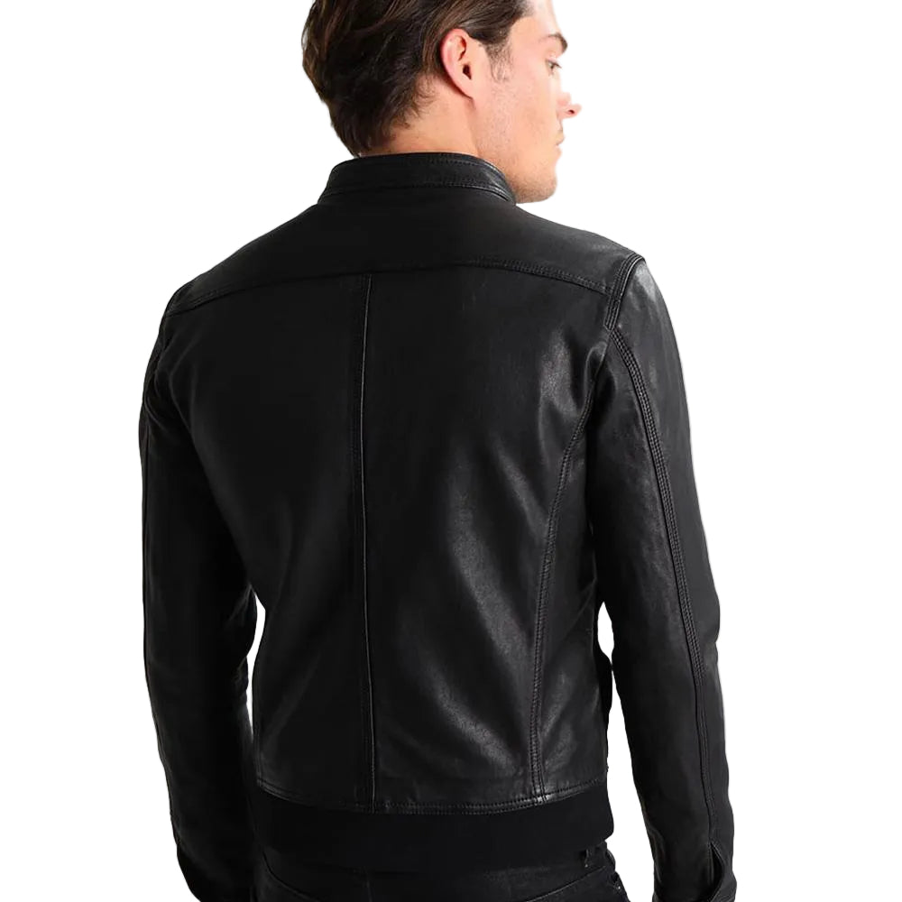 men's black quilted lambskin leather racer jacket lorcan detail close up