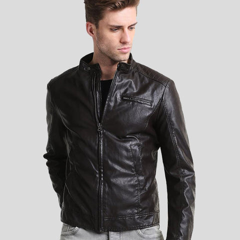 men's black quilted lambskin leather racer jacket cedric front view