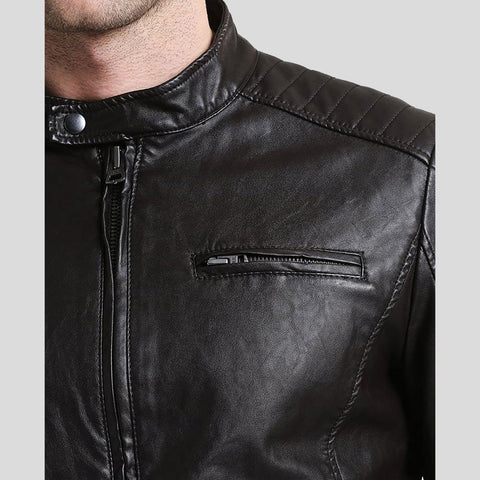 men's black quilted lambskin leather racer jacket cedric detail close up