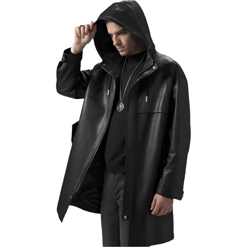 Men's Black Mid-Length Leather Coat with Hood - AMSEL LEATHERS