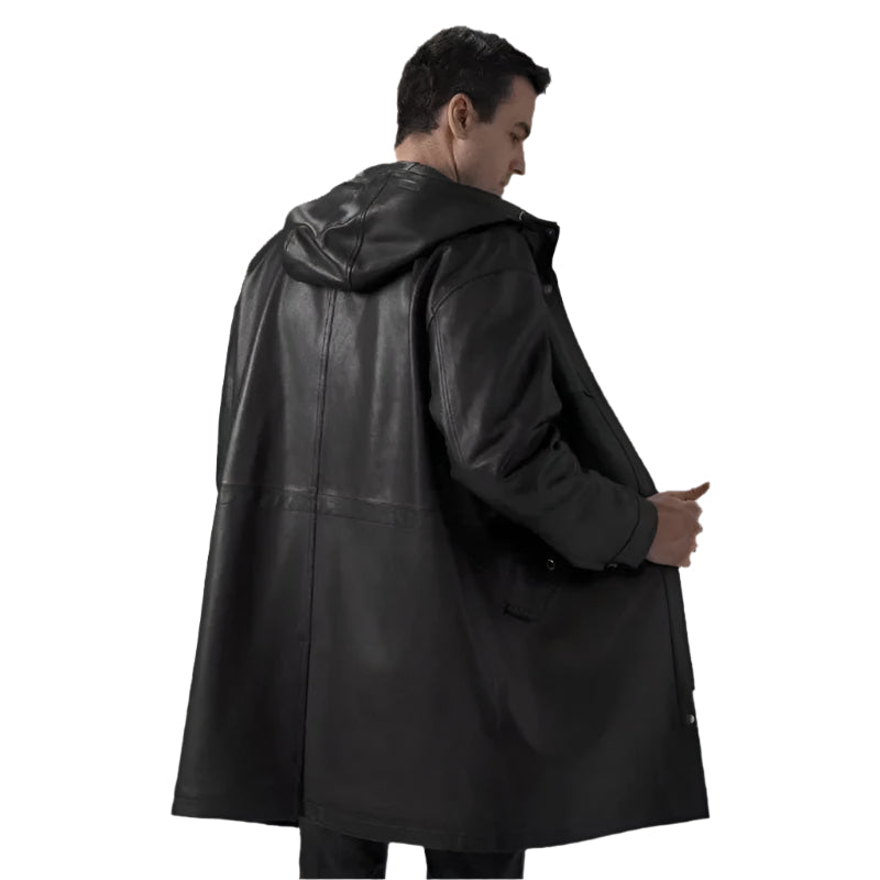 Men's Black Mid-Length Leather Coat with Hood - AMSEL LEATHERS