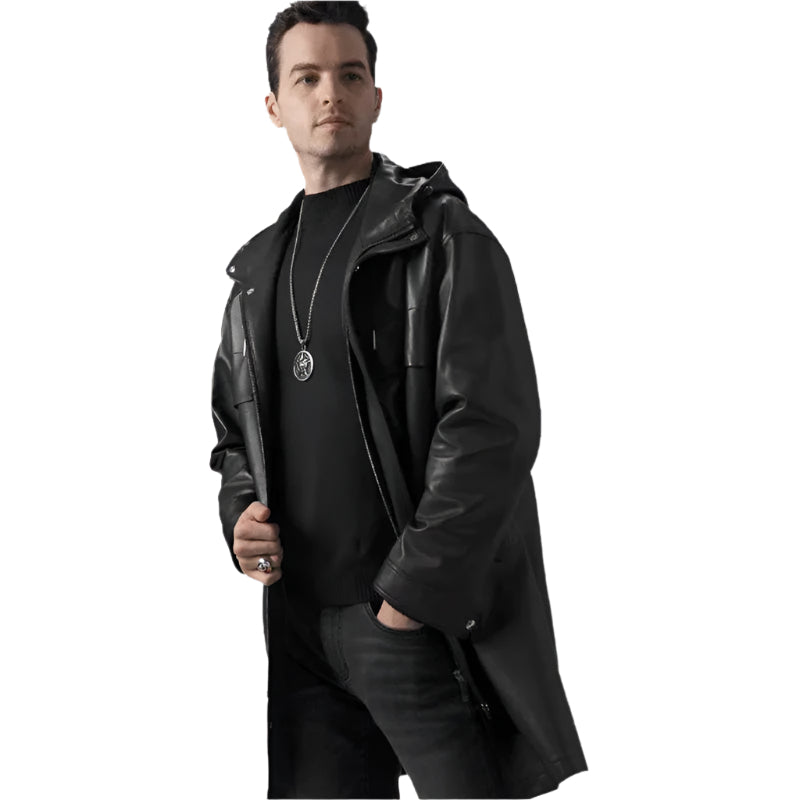 Men's Black Mid-Length Leather Coat with Hood - AMSEL LEATHERS