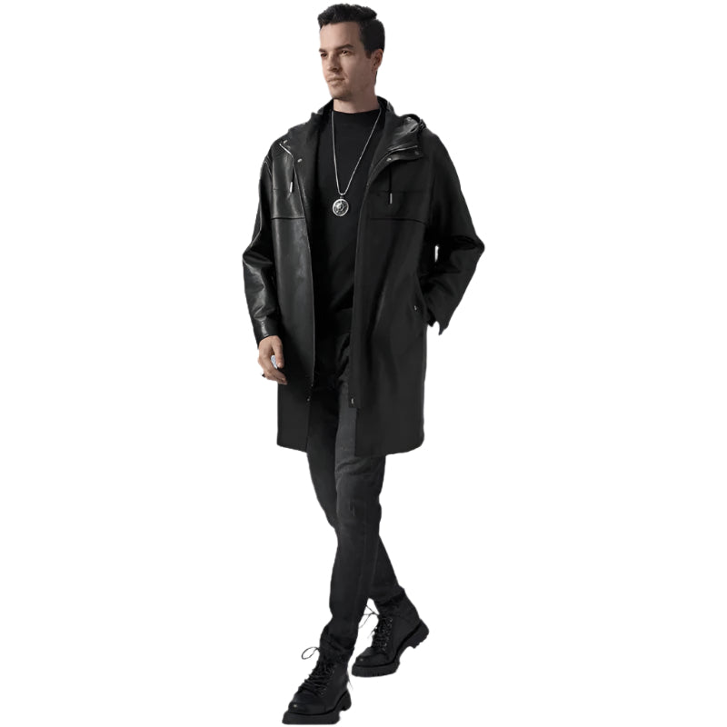 Men's Black Mid-Length Leather Coat with Hood - AMSEL LEATHERS