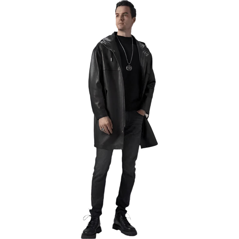 Men's Black Mid-Length Leather Coat with Hood - AMSEL LEATHERS