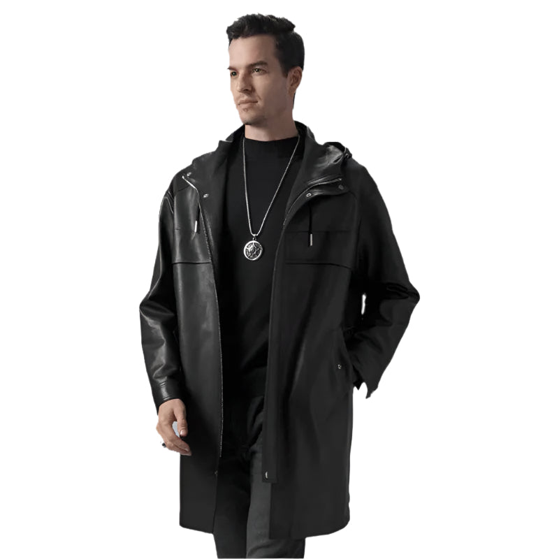 Men's Black Mid-Length Leather Coat with Hood - AMSEL LEATHERS