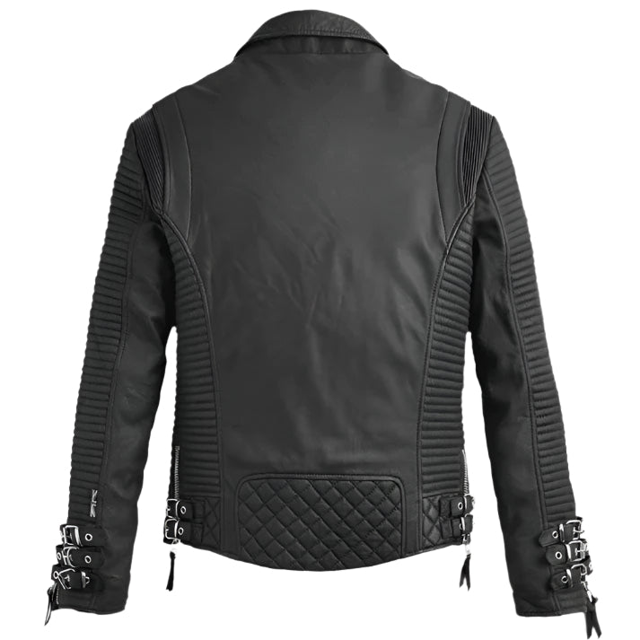 Men's Black Leather Motorcycle Jacket - Biker Edition with Pattern - AMSEL LEATHERS