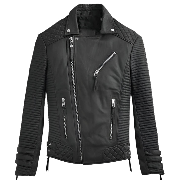 Men's Black Leather Motorcycle Jacket - Biker Edition with Pattern - AMSEL LEATHERS