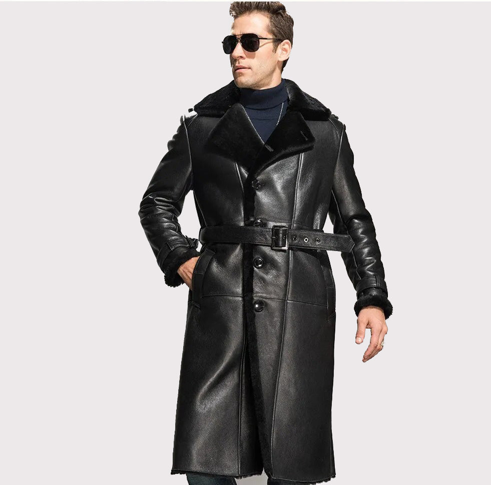 Men's Black Oversize Sheepskin Shearling Coat - Winter Parka - AMSEL LEATHERS