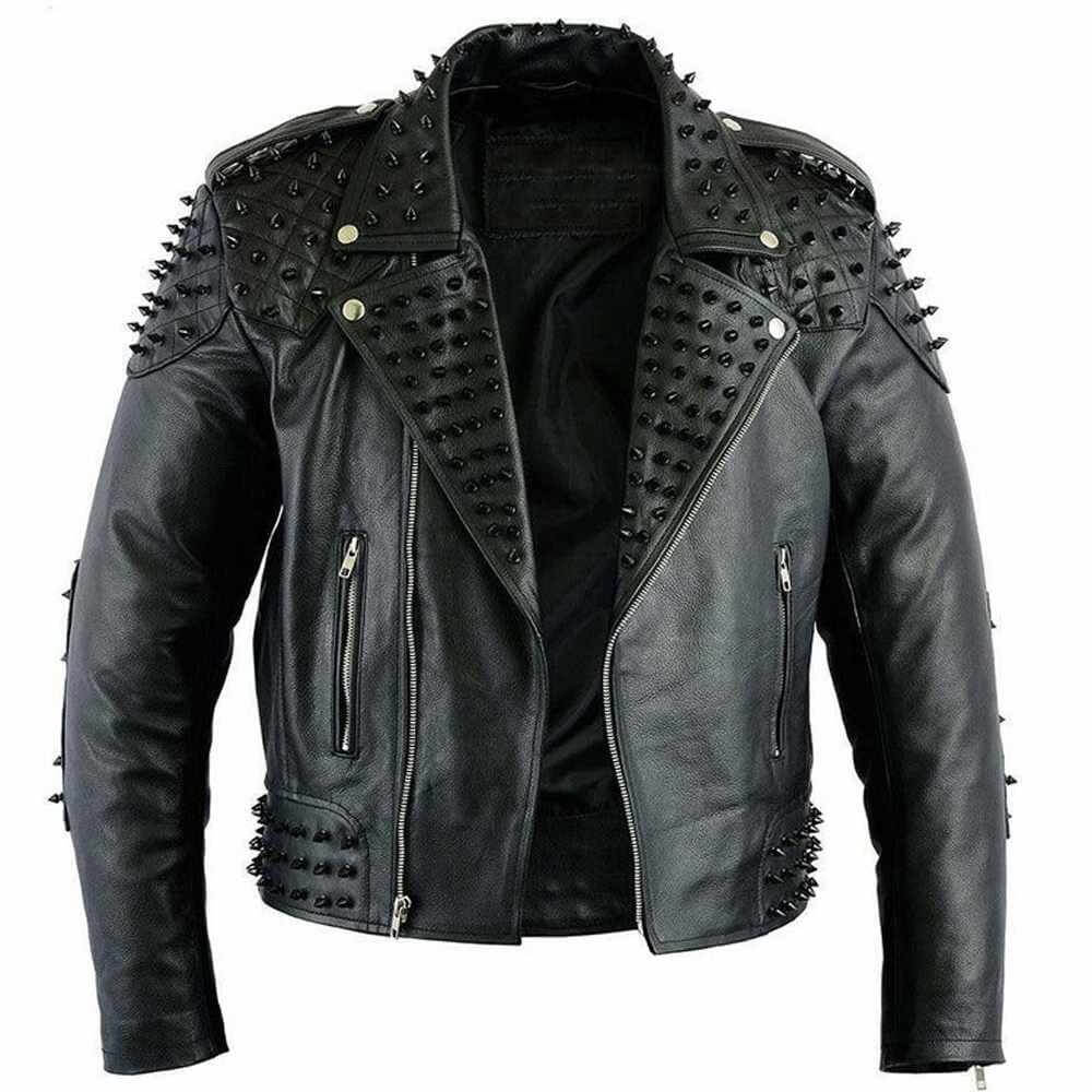 Men's Black Punk Studded Biker Leather Jacket - AMSEL LEATHERS