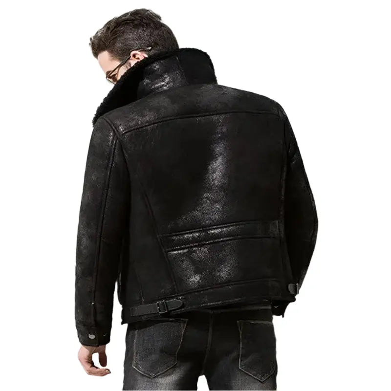 Men's Black Shearling Fur Pilot Leather Jacket - AMSEL LEATHERS