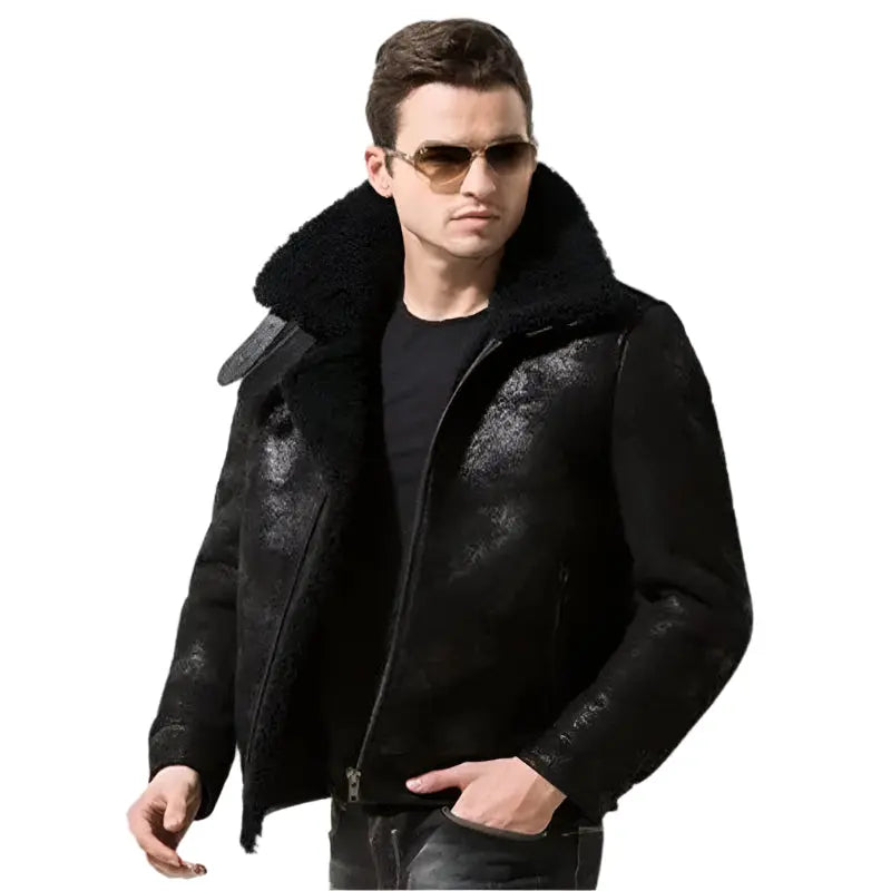 Men's Black Shearling Fur Pilot Leather Jacket - AMSEL LEATHERS