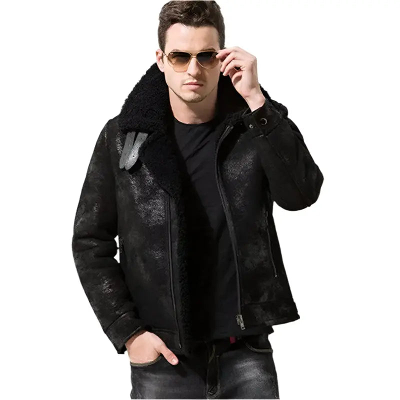 Men's Black Shearling Fur Pilot Leather Jacket - AMSEL LEATHERS