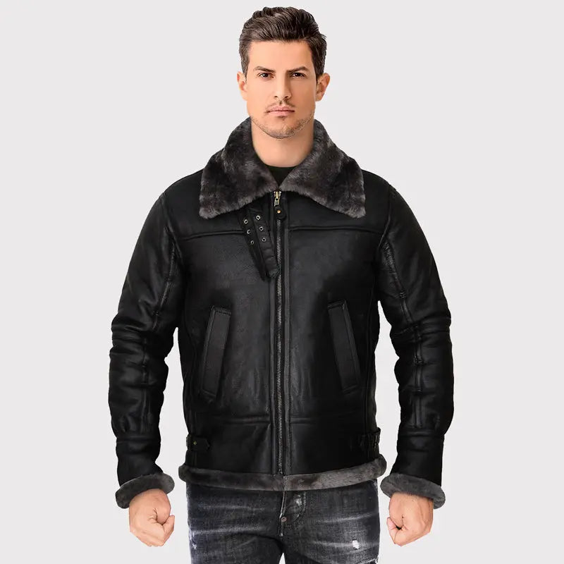 Men's Black Shearling Jacket Amsel Leathers