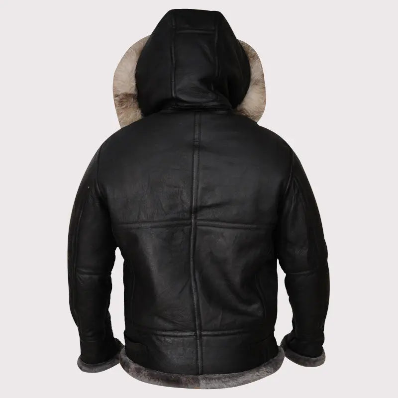 Men's Black Shearling Jacket with Hoodie Amsel Leathers