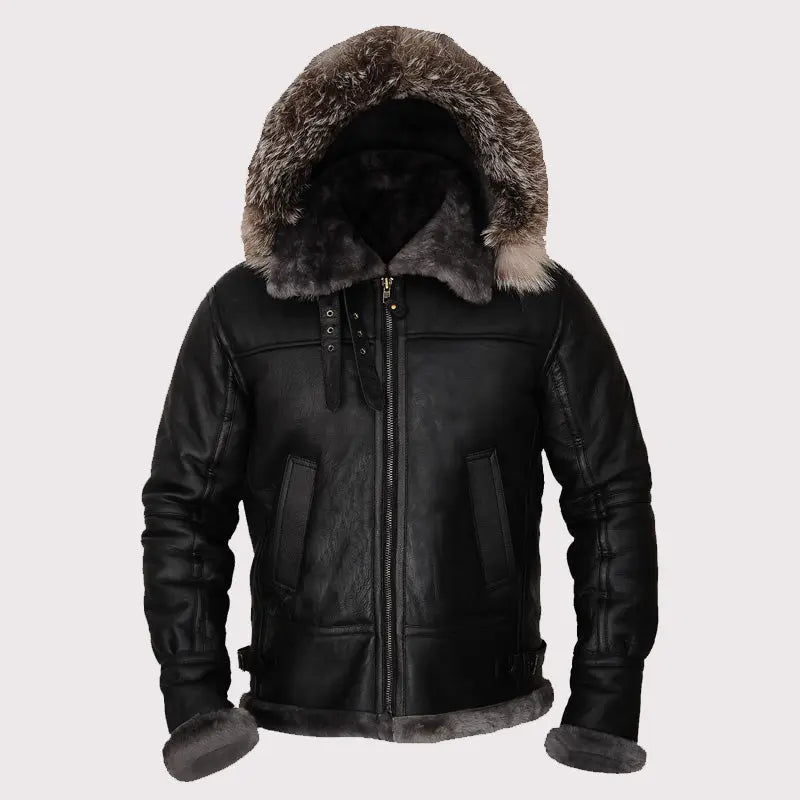 Men's Black Shearling Jacket with Hoodie Amsel Leathers