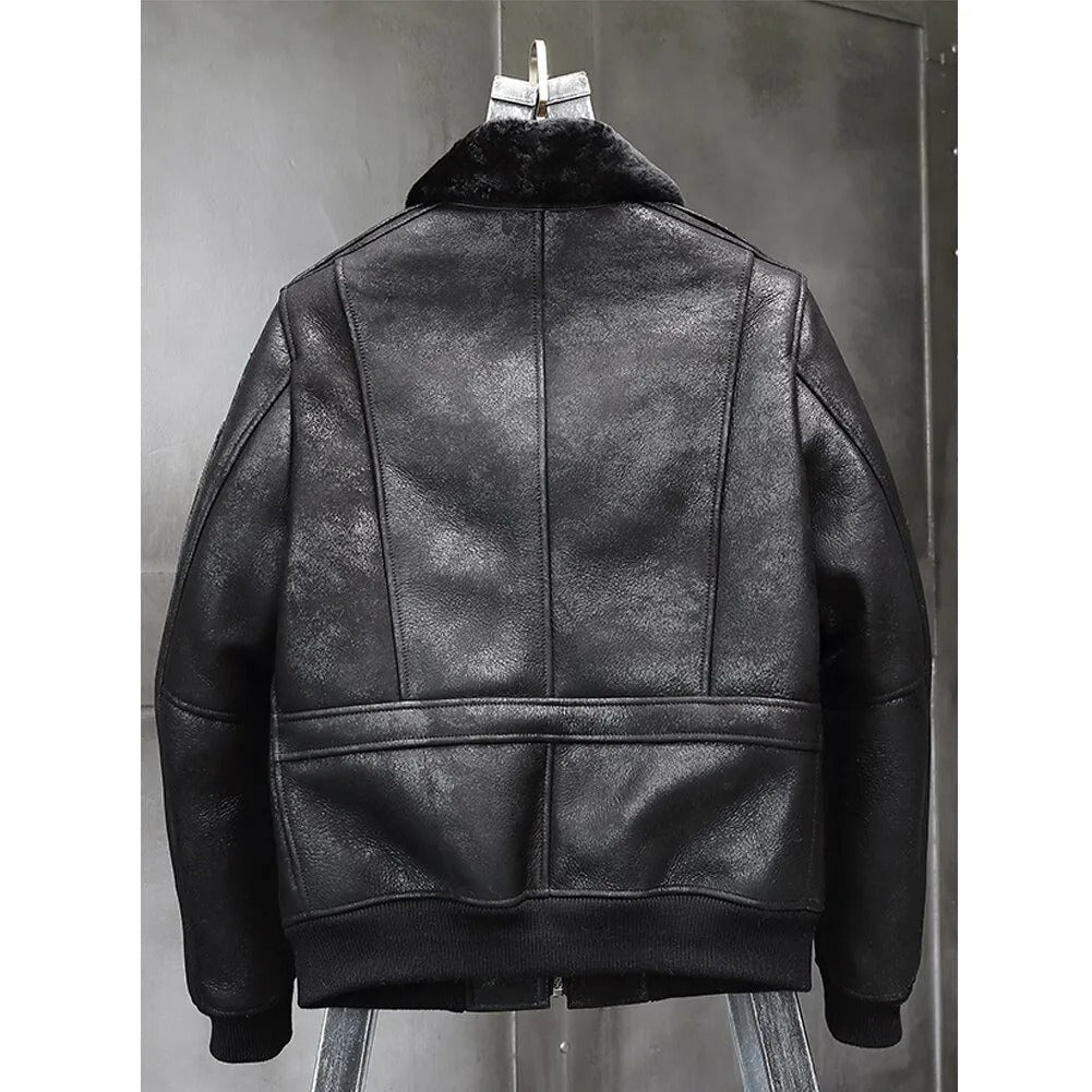 Men's Black Shearling Leather Jacket - Airforce Flight Coat - AMSEL LEATHERS