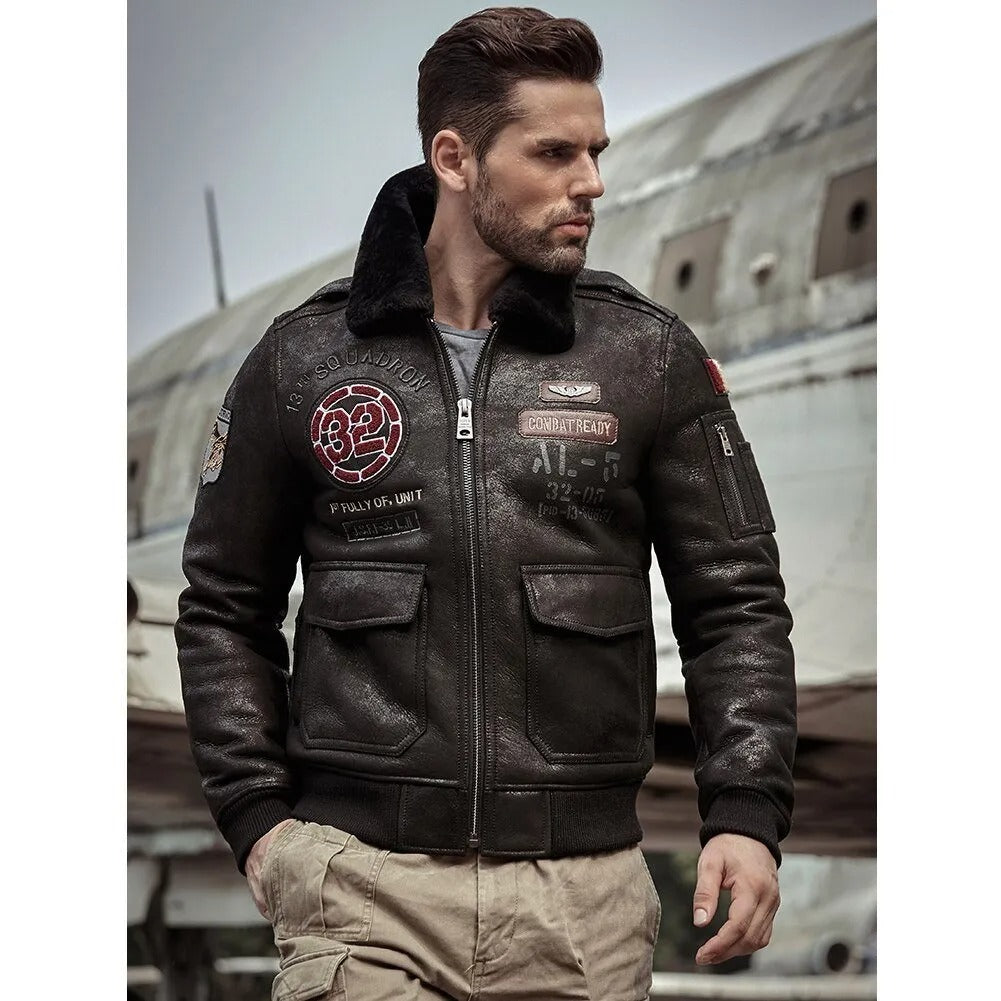 Men's Black Shearling Leather Jacket - Airforce Flight Coat - AMSEL LEATHERS