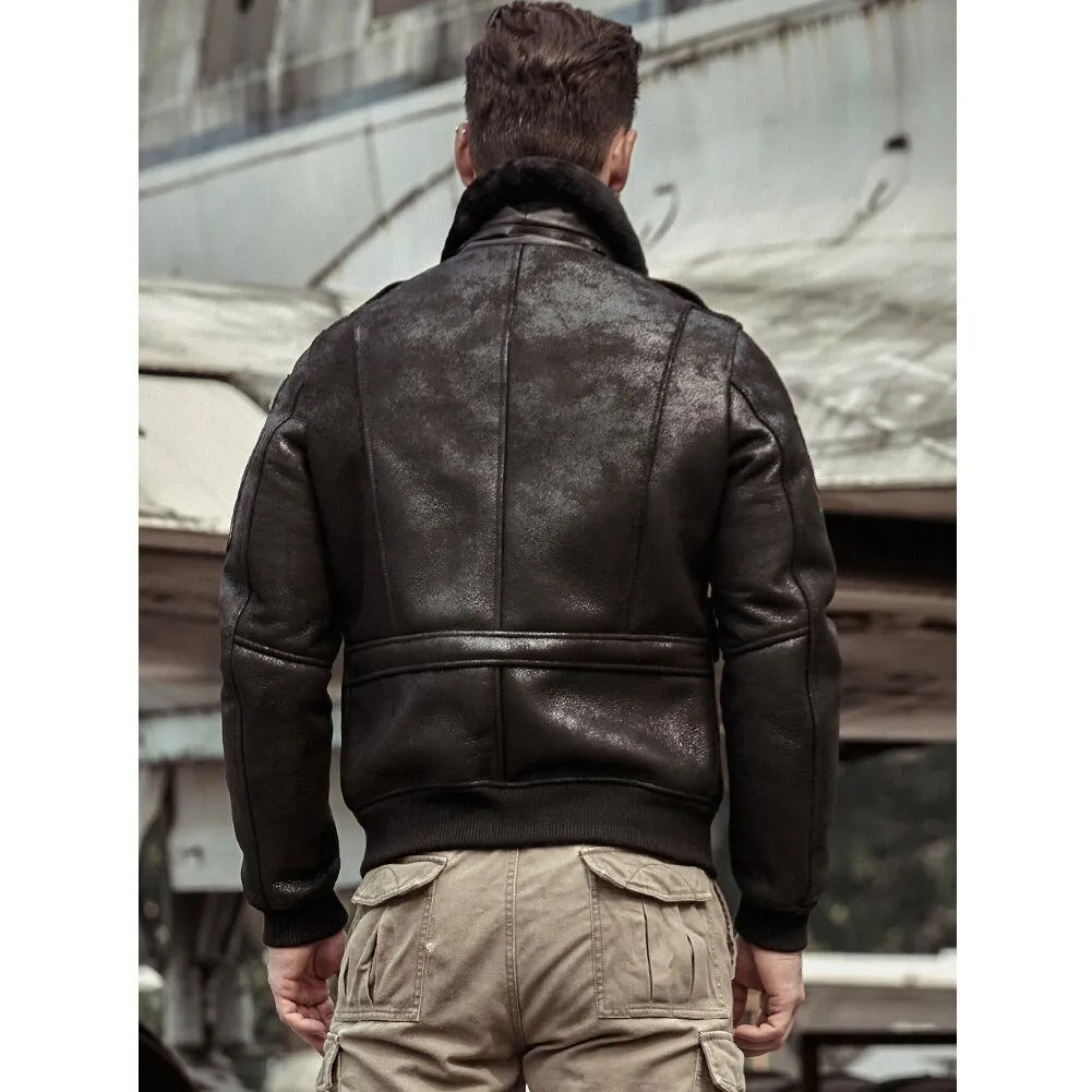 Men's Black Shearling Leather Jacket - Airforce Flight Coat - AMSEL LEATHERS